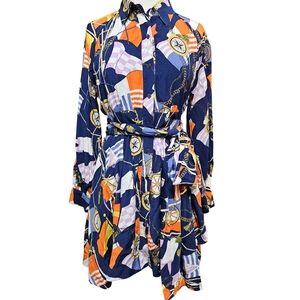 Maeve Nautical Print Shirt Dress Tie Belt Womens Size S‎ Long Sleeve NWT